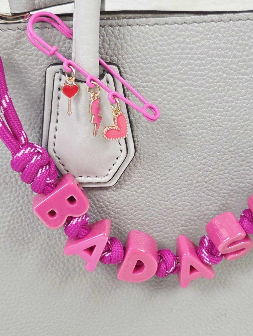 4pc Pink 'BADASS' Purse Bag Charm Keychain and Strap Set - Picture 3 of 8